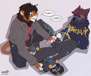 anthro balls bdsm blush bodily_fluids bondage bottomless bottomless_male bottomwear bound butt clothed clothing cum cum_on_belly cum_on_body cum_on_hoodie cumshot dialogue digitigrade dominant dominant_male duct_tape duo ejaculation feet forced forced_orgasm gag genital_fluids genitals hoodie hoodie_only jacket lgbt_pride male male/male onomatopoeia orgasm pants partially_clothed penis pride_colors sex sex_toy sharp_teeth skateboard sock_in_mouth sound_effects speech_bubble submissive submissive_male tape tape_gag teasing teeth text text_on_clothing text_on_hoodie text_on_topwear tickling tickling_feet topwear topwear_only toying_partner vehicle vibrator wand_vibrator conditional_dnp draite kajowwojak_(character) canid canine canis felid feline lion mammal pantherine wolf english_text hi_res