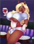 alcohol anthro athletic_wear bar beverage big_breasts blaze_(marking) blonde_hair border bottomwear breasts brown_body brown_fur bulge clothed clothing container crop_top cup drinking_glass facial_markings food fur glass glass_container glass_cup green_border gym_bottomwear gym_shorts gynomorph hair head_markings intersex leaning leaning_backward long_hair looking_at_viewer markings multicolored_body multicolored_fur navel nipples panties shirt shorts smile solo tan_body tan_fur tight_clothing topwear two_tone_body two_tone_fur under_boob underwear white_body white_fur white_markings wide_hips wine wine_glass cryptozoo razor_(-razor-) clydesdale draft_horse equid equine horse mammal 2015