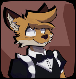 anthro big_ears biped black_blush black_bow_tie black_clothing black_eyebrows black_topwear blonde_hair blush blush_lines bow_tie brown_ear_tips brown_nose button_(fastener) cheek_tuft close-up clothed clothing crossdressing dipstick_ears ear_markings eyebrows facial_tuft fangs femboy fur hair head_tuft inner_ear_fluff looking_at_viewer maid_uniform male markings mole_(marking) multicolored_ears red_background showing_teeth simple_background smile smirk snout solo sparkles sparkling_eyes standing teeth topwear tuft uniform white_body white_clothing white_fur white_inner_ear white_inner_ear_fluff white_topwear yellow_body yellow_ears yellow_fur suitedwolfie balthy_(suitedwolfie) canid canine fox mammal red_fox true_fox 2026 digital_drawing_(artwork) digital_media_(artwork) hi_res portrait shaded
