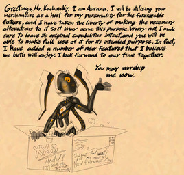 aged_down anthro black_body box container dialogue eyes_closed female genitals glowing glowing_eyes in_box in_container machine mouthless nude nude_anthro nude_female packing_peanuts raised_arm screen screen_face sex_toy solo standing text vulva white_body yellow_eyes young young_female soulcentinel blizzard_entertainment starcraft aurana alien protoss robot robot_anthro english_text