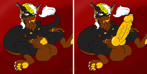 4_toes animal_genitalia animal_penis anthro balls big_balls big_penis black_body black_fur bodily_fluids bracelet brown_body brown_fur canine_genitalia canine_penis ear_piercing ear_ring fangs feet flower_on_head forked_tongue fur genital_fluids genitals hair hand_on_sheath huge_balls huge_penis hyper hyper_balls hyper_genitalia hyper_penis jewelry knot knotted_penis looking_at_viewer male nipples pawpads penis piercing precum ridged_penis ring_piercing sheath sitting teeth toes tongue tongue_out white_hair yellow_nipples yellow_penis yellow_tongue rancid burdine_(tenpoundhammer) hybrid imp absurd_res hi_res