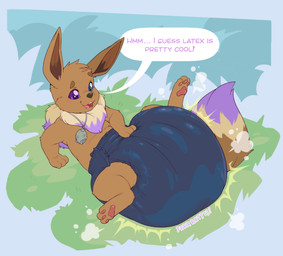 3_fingers 3_toes ambiguous_gender big_diaper black_diaper blue_sclera blush blush_lines brown_body brown_fur brown_inner_ear brown_nose brown_tail clothed clothing cloud_emanata dialogue diaper diaper_puff dipstick_tail ellipsis emanata everstone fangs fart feces feet feral fingers fur grass hand_on_diaper high-angle_view jewelry latex_diaper lying markings multicolored_body multicolored_fur necklace on_back open_mouth open_smile pawpads plant pooping purple_body purple_fur purple_sclera purple_tail purple_tail_tip red_pawpads rock smile soiled_diaper soiling soiling_diaper solo sound_effects speech_bubble tail tail_markings tan_body tan_fur tan_tail teeth text toes touching_diaper unclean_diaper used_diaper using_diaper vowelless vowelless_sound_effect wearing_diaper bubblepuppers nintendo pokemon meep_the_eevee eevee generation_1_pokemon pokemon_(species) english_text full-length_portrait hi_res portrait