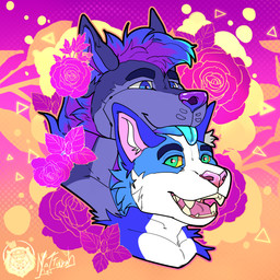 anthro duo flower hair inner_ear_fluff male male/male mane open_mouth pattern_background plant rose_(flower) simple_background smile tongue tongue_out tuft mattiyyah_lion canid canine canis domestic_cat felid feline felis mammal wolf 1:1 absurd_res hi_res