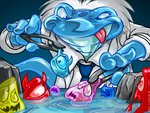 4_fingers blue_body dessert fingers food gelatin hair jelly_(food) male narrowed_eyes necktie rock scared science solo squint tongs tongue tongue_out tools white_hair wig the_neopets_team jell-o neopets food_creature goo_creature jelly_neopet neopet_(species) techo 4:3