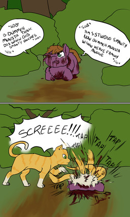 ambiguous_gender baby_talk blood blood_from_wound blood_splatter bodily_fluids brown_hair brown_tail crying dialogue feral fur gore green_eyes hair one_eye_closed outside plant punch purple_body purple_fur quadruped shrub speech_bubble splatter tail tears text tree violence wounded yellow_body yellow_fur young young_feral koopacoon fluffy_pony domestic_cat felid feline felis fluffy_pony_(species) mammal 2020 comic digital_media_(artwork) english_description english_text