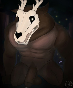 animal_genitalia anthro antlers aroused balls balls_on_ground big_balls big_muscles big_penis bodily_fluids bone brown_body brown_fur detailed_background fur genital_fluids genitals glowing glowing_eyes grass horn huge_balls huge_muscles kneeling leaking leaking_precum looking_at_viewer lying male mature_male muscular on_front on_grass on_ground outside penis plant precum pupils saggy_balls skull skull_head solo teeth tree white_pupils aimskull american_mythology indigenous_north_american_mythology mythology north_american_mythology deer mammal monster mythological_creature wendigo 2025 digital_drawing_(artwork) digital_media_(artwork) hi_res signature