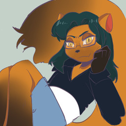 anthro black_clothing black_hair black_jacket black_topwear blue_clothing blue_shirt blue_topwear close-up clothing cropped_jacket eyewear fading glasses hair jacket male pose posing_for_picture shirt solo topwear yellow_eyes nuricinthus jonax_brown-fox canid canine fox mammal 1:1 hi_res