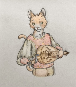 anthro biped bottomwear cat_tail clothed clothing ears_back eyebrows fully_clothed fur green_eyes hurdy-gurdy looking_aside male music musical_instrument orange_body orange_fur pants pivoted_ears shirt smile solo tail topwear white_body white_fur reynard_goodfellow domestic_cat felid feline felis mammal half-length_portrait hi_res portrait traditional_media_(artwork)