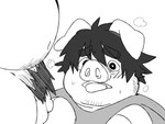 anthro balls belly blush clothing duo genitals kemono male male/male overweight overweight_male penis pubes shirt simple_background topwear white_background inunoshippo domestic_pig mammal suid suina sus_(pig) 2024 4:3 hi_res monochrome