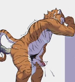 against_surface against_wall anal anal_penetration anthro arm_against_wall belly bent_over black_pubes bodily_fluids brown_body dildo dildo_in_ass dildo_insertion dripping erection eyes_closed foreskin from_behind_position genital_fluids genitals humanoid_genitalia humanoid_penis male masturbating_while_penetrated masturbation object_in_ass partially_retracted_foreskin penetration penile penile_masturbation penis precum precum_drip pubes sex sex_toy sex_toy_in_ass sex_toy_insertion shaking side_view slightly_chubby solo standing striped_body stripes vincflow felid mammal pantherine tiger hi_res