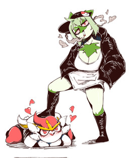 anthro big_butt bloodshot_eyes boots breasts butt chest_tuft cigarette cleavage clothed clothing drugs duo facial_markings feet female female/female foot_on_back footwear fur green_body green_fur hand_in_pocket hat head_markings headgear headwear heart_eyes heart_symbol jacket looking_at_viewer lying markings on_front pockets red_eyes shirt shoes simple_background smile stoned substance_intoxication teeth topwear tuft white_background white_body wide_hips setymus nintendo pokemon cinderace felid feline felis generation_8_pokemon generation_9_pokemon lagomorph mammal pokemon_(species) sprigatito hi_res