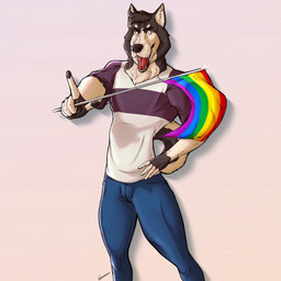 anthro black_body black_fur blue_bottomwear blue_clothing blue_jeans blue_pants bottomwear clothing denim denim_bottomwear denim_clothing flag flag_(object) fur gesture hand_gesture holding_flag holding_object jeans lgbt_pride male pants pink_background pointing pointing_at_viewer pride_color_flag pride_colors rainbow_pride_colors shirt simple_background six-stripe_rainbow_pride_colors solo t-shirt tan_body tan_fur topwear depictionexpress canid canine canis domestic_dog husky mammal nordic_sled_dog spitz 1:1 hi_res