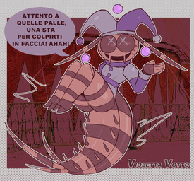 antennae_(anatomy) anthro arthropod_abdomen ball cerci_(anatomy) female jester juggling solo striped_body stripes text x_eyes lizardfungus archaeognatha arthropod insect jumping_bristletail hi_res italian_text translation_check