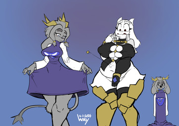 2_horns 5_fingers alternate_costume anthro belly big_breasts black_clothing black_eyes black_gloves black_handwear black_shirt black_topwear blue_background blue_clothing blue_dress blush blush_lines breasts capelet cleavage clothed clothed_anthro clothed_female clothed_male clothing clothing_lift clothing_swap covering covering_crotch dress dress_lift duo_focus embarrassed eyebrows eyelashes female female_anthro female_focus fingerless_gloves fingers flesh_fang floppy_ears fur gloves grey_body grey_eyebrows grey_fur grey_nose grey_tail group handwear horn knock-kneed legwear long_sleeves looking_down looking_down_at_self male male_anthro multicolored_clothing multicolored_dress nipple_outline pupils purple_clothing purple_dress shirt short_horn simple_background slightly_chubby slightly_chubby_anthro slightly_chubby_female small_horn snout standing tail thick_eyebrows thick_thighs tight_clothing topwear trio white_body white_capelet white_clothing white_dress white_ears white_eyebrows white_fur white_horn white_pupils wide_eyed wide_hips yellow_clothing yellow_horn yellow_legwear wayesh pseudoregalia undertale undertale_(series) asriel_dreemurr butler_(pseudoregalia) sybil_(pseudoregalia) toriel boss_monster_(undertale) bovid caprine goat mammal 2024 absurd_res crossover dated hi_res signature