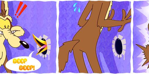 3_panel_comic anthro beak brown_body brown_fur butt cartoon_physics duo featureless_crotch fur glory_hole humor male monobutt open_beak open_mouth pain speech_bubble tail toony dumbcat looney_tunes warner_brothers road_runner_(looney_tunes) wile_e._coyote avian bird canid canine canis coyote cuculiform mammal new_world_ground_cuckoo roadrunner comic hi_res