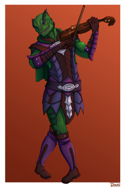 armor belt biceps boots bowed_string_instrument cape clothing footwear gloves green_body green_scales green_skin handwear looking_at_viewer male muscular musical_instrument one_eye_closed open_mouth playing_music purple_body purple_eyes purple_scales scales sharp_teeth shoes simple_background smile solo spikes spikes_(anatomy) standing string_instrument teeth thick_thighs violin wink winking_at_viewer sinarts dungeons_and_dragons hasbro mythology wizards_of_the_coast dragonborn_(dnd) mythological_creature scalie absurd_res full-length_portrait hi_res portrait