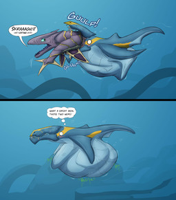 after_vore ambiguous_gender belly big_belly blue_belly blue_body blue_eyes blue_fin blue_tail dialogue duo feral open_mouth oral_vore rumbling_stomach speech_bubble stripes tail tail_first talking_feral text underwater vore water white_eyes yellow_stripes akaikosh aquatic fish shark 2020 english_text hi_res