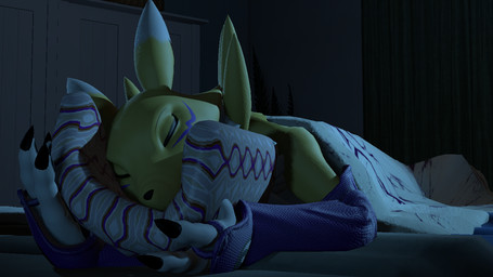 bedding blanket eyes_closed female holding_object inside pillow sleeping solo smoaer bandai_namco digimon canid canine digimon_(species) mammal renamon 16:9 3d_(artwork) aliasing digital_media_(artwork) source_filmmaker_(artwork) widescreen