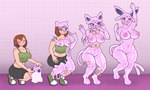 2023 anthro big_breasts blush bottomwear breast_expansion breasts celsty clothing digital_media_(artwork) duo eeveelution espeon expansion female footwear forehead_gem gem generation_2_pokemon generation_6_pokemon genitals goo_transformation goomy growth hi_res human human_to_anthro mammal navel nintendo nipples nude on_one_leg pink_body pokemon pokemon_(species) pussy sequence shoes shorts simple_background smile species_transformation standing surprise tail tail_growth transformation wide_hips