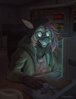 anthro beanie chair clothed clothing computer computer_mouse dark_room electronics eyewear female furniture glasses hat headgear headwear highlights_(coloring) inner_ear_fluff jacket open_mouth pink_eyes pink_highlights pink_tongue screen shocked solo teeth tongue topwear tuft wide_eyed zempy3 voices_of_the_void dr._kel vanja_(oathsworn) hyena mammal striped_hyena hi_res