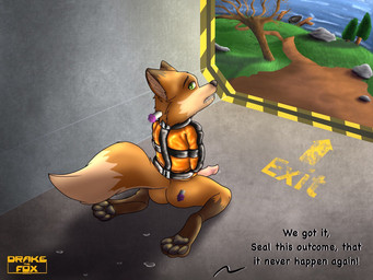 anthro bdsm bodily_fluids bondage bound drugged escape failed_attempt genital_fluids genitals latex male penis precum prison prisoner restraints solo straitjacket substance_intoxication sweat text drakethefox dusty_foxwood_(dusty0071) canid canine fox mammal 4:3 english_text