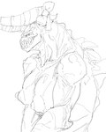 anthro big_breasts bow_ribbon breasts female horn nipples sharp_teeth solo teeth yamabat fallout microsoft deathclaw scalie black_and_white hi_res monochrome sketch