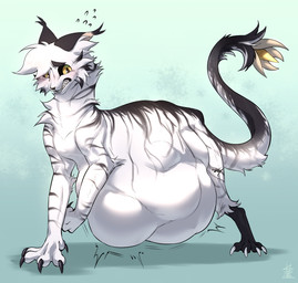 belly big_belly black_sclera black_stripes bodily_fluids butt embarrassed feral feral_pred fingernails fur hair huge_belly nails narrowed_eyes resistance same_size_vore solo stinger stinger_tail striped_body stripes struggling sweat tail tail_tuft tuft vore weights white_body white_hair freezingfrosty other_quail zorgoia