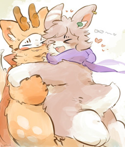 anthro blush brown_body brown_fur duo fur heart_symbol hug long_ears male male/male mask scarf smile raferafe fabulous_beasts fenz_(studio) sibuxiang_the_deer_(fabulous_beasts) tuye_(fabulous_beasts) deer lagomorph leporid mammal rabbit hi_res