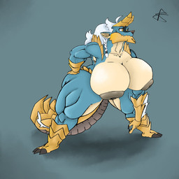 anthro beak big_breasts big_butt big_muscles blue_body braided_hair breasts butt butt_focus curvy_figure electricity female from_side gold_(metal) gold_jewelry hair hands_on_hips horn huge_breasts huge_butt hyper hyper_breasts jewelry lightning_tail looking_back miss_zyn muscular sharp_teeth side_boob solo spikes standing tail teeth thick_thighs thunder white_hair wide_hips yellow_beak yellow_eyes yellow_horn capcom monster_hunter elder_dragon fanged_wyvern zinogre 1:1 full-length_portrait hi_res portrait