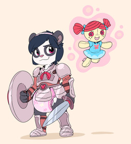 anthro armor clothing diaper duo female looking_at_viewer melee_weapon plushie shield simple_background smile sword weapon white_background young bubblepuppers animate_inanimate bear giant_panda living_plushie mammal absurd_res hi_res