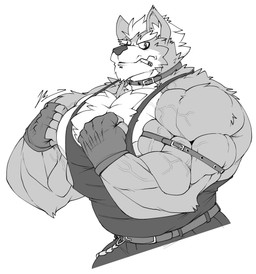 anthro biceps body_hair chest_hair cigarette clothing gloves handwear male muscular muscular_anthro muscular_male shirt smoking solo tank_top topwear vein yongdasom nintendo star_fox wolf_o'donnell canid canine canis mammal wolf absurd_res hi_res monochrome