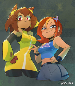 5_fingers anthro belt biped blonde_highlights bottomwear breasts brown_hair clothing dress duo eyebrows eyelashes eyewear eyewear_on_head female fingers gesture goggles goggles_on_head hair hand_behind_head hand_gesture hand_on_hip highlights_(coloring) looking_at_viewer mechanical_arm medium_breasts midriff multiple_poses orange_hair pants pink_eyes pose shirt short_hair smile standing tank_top text topwear twitter_handle v_sign whiskers yellow_clothing yellow_dress peyg_sus gameoverse glitch_productions planetronika butterfly_(planetronika) kit_bodega domestic_cat felid feline felis human mammal 2026 absurd_res artist_name colored detailed digital_drawing_(artwork) digital_media_(artwork) hi_res portrait shaded three-quarter_portrait