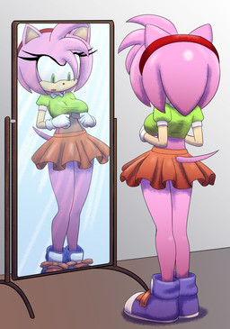 accessory alternate_costume antenna_hair anthro bottomwear breasts clothing countershade_arms countershade_face countershade_torso countershading dancewear eyelashes female footwear furgonomics green_clothing green_eyes green_shirt green_topwear hair head_tuft headband mirror mirror_reflection orange_clothing pink_body pointed_tail pointy_ears prick_ears purple_clothing purple_footwear purple_shoes red_headband reflection shirt shoes skirt small_clothing solo standing_mirror thick_eyelashes topwear tuft tutu under_boob variable-rosie sega sonic_the_hedgehog_(series) amy_rose eulipotyphlan hedgehog mammal