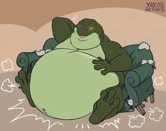 annoyed anthro bar_emanata belly big_belly chair_breaking clothed clothing cloud_emanata dewlap_(anatomy) emanata furniture green_body green_skin gular_sac hand_behind_head hand_on_belly huge_belly impact_lines inside male moobs navel obese obese_anthro obese_male open_mouth overweight overweight_anthro overweight_male sitting sofa solo text topless wide_hips voretoq_(yako) amphibian frog toad_(frog) true_toad 2023 artist_name hi_res