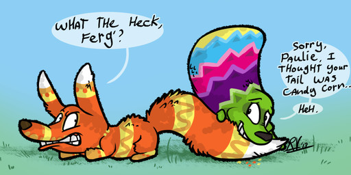 big_ears bite blue_body clenched_teeth dialogue duo feral green_body looking_at_another looking_back male orange_body pinata pink_body purple_body red_body simple_background smile speech_bubble tail tail_bite tail_in_mouth teeth text white_body yellow_body verquilion rareware viva_pinata fergy_fudgehog paulie_pretztail animate_inanimate canid canine fudgehog living_pinata mammal pretztail 2013 english_text