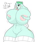 2019 absurd_res animate_inanimate anthro areola big_breasts blush blush_lines breasts buckteeth clothing covering_nipples dialogue english_text eye_patch eyewear female fingers genitals heart_eyes heart_symbol hi_res huge_breasts hyper hyper_breasts lagomorph legwear leporid living_plushie mammal mint_(alfa995) nipples open_mouth pink_areola pink_nose plushie pussy rabbit solo stemingbunbun teeth text thick_thighs white_clothing white_legwear