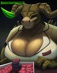 2_horns anthro big_breasts black_background bodily_fluids bottle_cap breasts cleavage clothed clothed_anthro clothed_female clothing female green_body green_eyes green_scales horn looking_at_viewer name_tag non-mammal_breasts scales shirt simple_background solo sweat sweaty_breasts topwear uniform alipse fallout microsoft deathclaw scalie