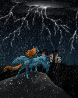 ambiguous_gender blue_body blue_fur blue_hooves blue_legs city city_background city_lights cloud cutie_mark duo electricity feathered_wings feathers feral fur hooves lightning lightning_bolt mane night orange_mane orange_tail outside power_outage raindrop raining spread_wings standing storm stormcloud tail thunderstorm unguligrade wind wings foxenawolf hasbro my_little_pony mythology cardinal_shield_(swordfox) james_carter_(swordfox) equid equine mammal mythological_creature mythological_equine pegasus 2026 4:5 absurd_res hi_res shaded