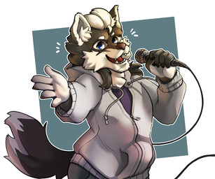 anthro black_body black_fur blue_eyes clothing electronics fluffy fur grey_clothing grey_hoodie grey_topwear hair hoodie long_hair male microphone purple_clothing purple_shirt purple_topwear reaching_towards_viewer shirt singing solo topwear white_body white_fur white_hair mooshdragodile utau baion_urushi canid canine mammal 6:5 absurd_res half-length_portrait hi_res portrait