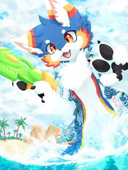 4_fingers aloha_shirt anthro beach blue_body blue_fur chest_tuft clothed clothing cloud cloudy_sky day fangs fingers fluffy fluffy_chest fur gesture hand_gesture holding_object holding_toy holding_toy_gun holding_water_gun inner_ear_fluff kemono leg_tuft male multicolored_body multicolored_ears multicolored_fur navel open_clothing open_mouth open_shirt open_smile open_topwear outside palm_tree partially_submerged pattern_clothing pattern_shirt pattern_topwear pawpads paws plant red_eyes shirt sky smile solo standing standing_in_water teeth thigh_tuft tongue topwear toy toy_gun tree tuft v_sign water water_gun white_body white_clouds white_fur sini_foxy canid mammal 2024 3:4 absurd_res digital_drawing_(artwork) digital_media_(artwork) hi_res lineless