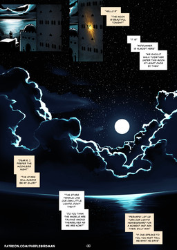 architecture building cloud cloudy_sky detailed_background dialogue fantasy greeting lamp lantern light moon moonlight night scenery sea sky star text text_box water zero_pictured purplebirdman 2023 better_version_at_paywall colored comic detailed digital_drawing_(artwork) digital_media_(artwork) english_text shaded url
