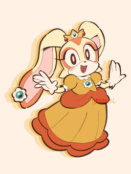 5_fingers alternate_costume anthro black_nose brooch brown_eyes clothed clothed_anthro clothed_female clothing cosplay crossover_cosplay crown dress ear_piercing ear_ring female female_anthro fingers fully_clothed fully_clothed_anthro fully_clothed_female fur gloves handwear headgear iris long_ears multicolored_body multicolored_fur open_mouth open_smile orange_body orange_fur piercing pupils ring_piercing simple_background small_nose smile smiling_at_viewer solo tan_body tan_fur two_tone_body two_tone_fur wearing_gloves white_clothing white_gloves white_handwear white_pupils amie_sanchez mario_bros nintendo sega sonic_the_hedgehog_(series) cream_the_rabbit princess_daisy lagomorph leporid mammal rabbit 3:4 crossover hi_res