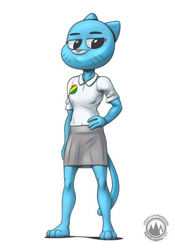 3_toes anthro barefoot biped black_eyebrows black_eyes blue_body bottomwear breasts clothed clothed_anthro clothed_female clothing eyebrows eyelashes feet female female_anthro fingers front_view fully_clothed fully_clothed_anthro fully_clothed_female grey_bottomwear grey_clothing grey_skirt half-closed_eyes hand_on_hip hand_on_own_hip markings medium_breasts mouth_closed narrowed_eyes pink_nose plantigrade shirt simple_background skirt slim slim_anthro slim_female solo standing toes topwear whisker_markings white_background white_clothing white_sclera white_shirt white_topwear mysticalpha cartoon_network the_amazing_world_of_gumball nicole_watterson domestic_cat felid feline felis mammal 2025 absurd_res full-length_portrait hi_res portrait shaded