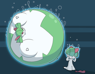 belly belly_expansion big_belly blue_background body_inflation duo expansion female green_body green_hair hair huge_belly hyper hyper_belly hyper_inflation immobile inflation magic_inflation multicolored_body not_furry red_eyes simple_background spherical_inflation swelling two_tone_body white_body incidental_(artist) nintendo pokemon generation_3_pokemon kirlia pokemon_(species) ralts 2020 cel_shading colored digital_media_(artwork) shaded