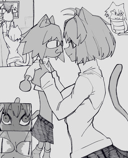 ahoge alternate_species boots bottomwear breasts carrying_another clothing duo electronics featureless_hands female footwear hair humanoidized inner_ear_fluff larger_female larger_humanoid long_sleeve_shirt long_sleeves looking_at_another medium_breasts midriff monitor pleated_skirt pupils shirt shoes short_hair size_difference skirt slit_pupils smaller_female smaller_humanoid tail topwear tuft wide_hips bone_nigi longcat tsukihime type-moon arcueid_brunestud neco-arc animal_humanoid cat_humanoid felid felid_humanoid feline feline_humanoid humanoid mammal mammal_humanoid 2024 absurd_res digital_drawing_(artwork) digital_media_(artwork) greyscale hatching_(art) hi_res meme monochrome multiple_scenes shaded sketch