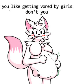 anthro anthro_pred biped blush blush_lines crossgender digestion digestion_noises female female_pred fur same_size_vore solo text vore white_body white_fur spearv boy_kisser_(meme) silly_cat_(mauzymice) domestic_cat felid feline felis mammal english_text hi_res meme
