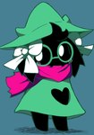 anthro black_body black_fur blue_background blush clothing dress eyewear fangs fur glasses hat head_tuft headgear headwear male ribbons scarf simple_background solo standing teeth tuft white_eyes witch_hat seologi deltarune undertale_(series) ralsei bovid caprine darkner goat mammal 2018 digital_media_(artwork) hi_res