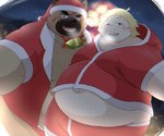 anthro belly blush christmas_clothing christmas_headwear clothing duo hat headgear headwear holidays kemono male navel night overweight overweight_human overweight_male santa_hat scar kwzu christmas lifewonders tokyo_afterschool_summoners choji_(tas) yasuyori_(tas) canid canine canis domestic_dog human mammal 2020 hi_res