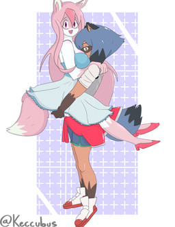 anthro blue_hair breast_squish breasts brown_body brown_fur carrying_another carrying_partner clothed clothing duo face_in_breasts female female/female fur hair long_hair looking_at_viewer pink_body pink_fur pink_hair simple_background smile squish tail white_body white_fur keccubus brand_new_animal studio_trigger taller_lesbian_and_shorter_lesbian michiru_kagemori nazuna_hiwatashi canid canine fox mammal raccoon_dog tanuki absurd_res digital_drawing_(artwork) digital_media_(artwork) hi_res meme