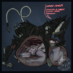 abdominal_bulge ambiguous_gender anthro anthro_prey belly belly_on_ground big_belly black_body black_border blue_body blue_fur border claws duo feral feral_pred fur grey_body huge_belly imminent_digestion internal machine male mane metallic_body multicolored_body quadruped robotic_tongue simple_background soft_vore standing tail teeth text tongue tongue_out vore x-ray_view aquaticmaskfreak capcom konami metal_gear metal_gear_rising:_revengeance monster_hunter platinumgames blade_wolf vain_kadachi canid canine canis fanged_wyvern mammal robot tobi-kadachi 1:1 2024 english_text hi_res signature watermark